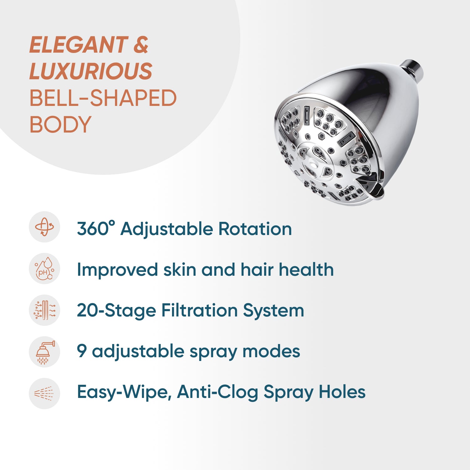 20 Stage Filtration Fixed Wall Shower Head  with 9 Spray Modes- Bell Shaped